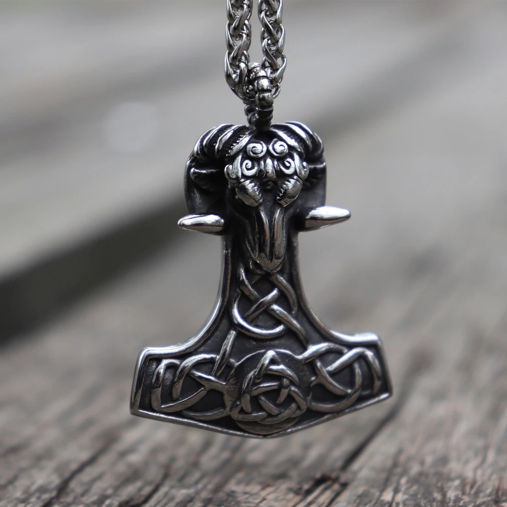 Unique Pendant Stainless Steel Mjolnir Thor's with Sheep Head / Scandinavian Pagan Totem Viking - HARD'N'HEAVY