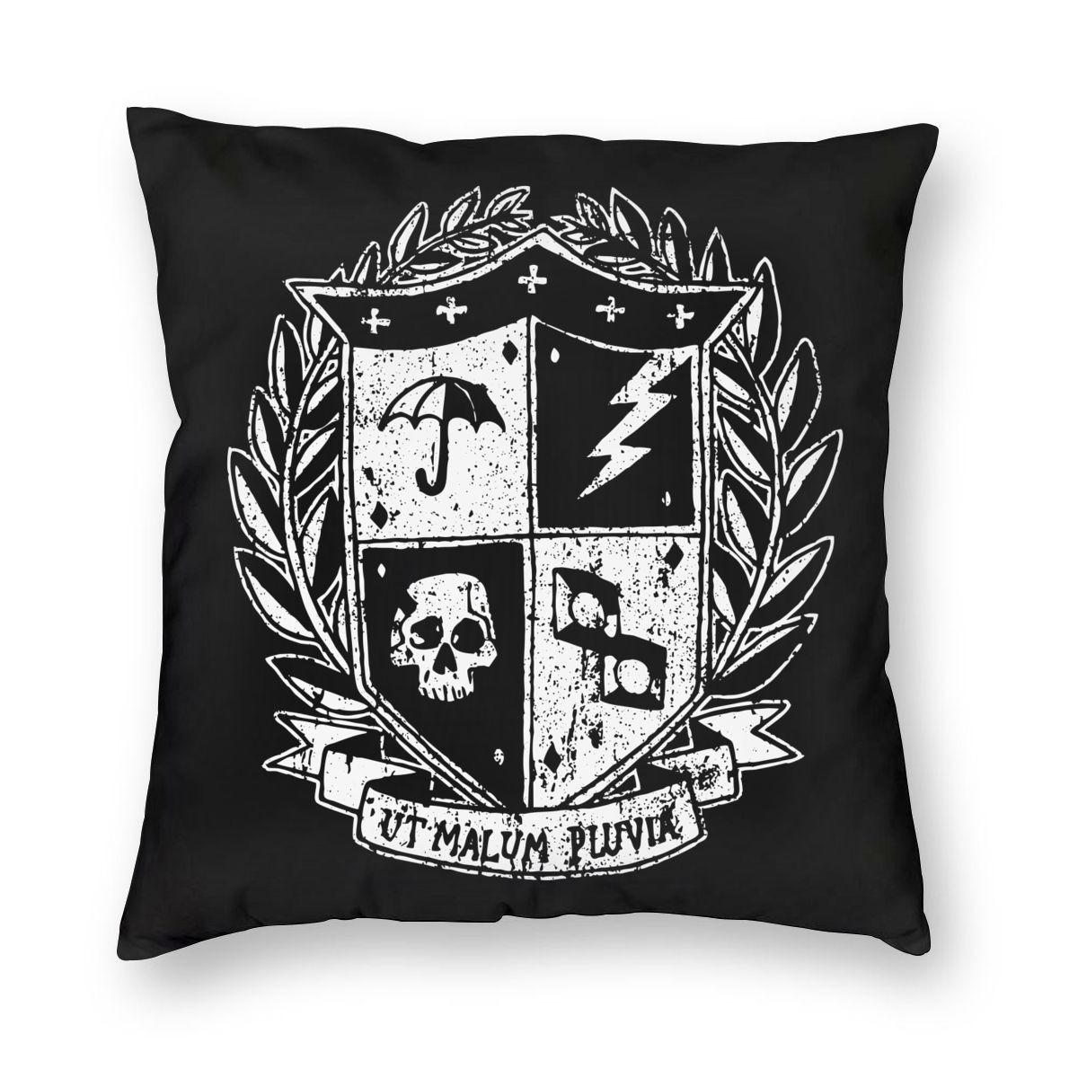 Unique black pillowcase featuring Umbrella Academy-inspired crest with umbrella, lightning, and skull design.
