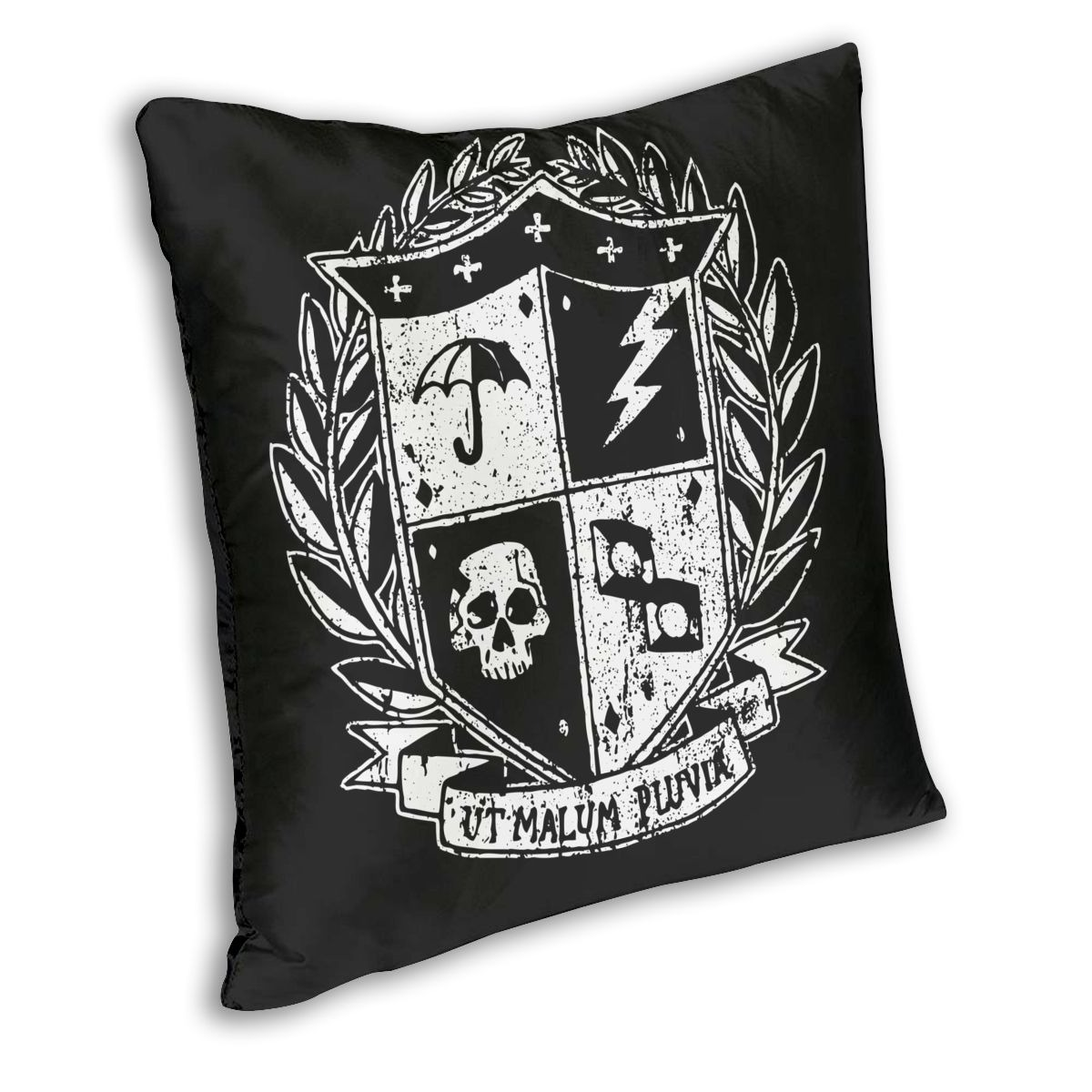 Unique black pillowcase with Umbrella Academy emblem and shield design, perfect for fans' home decor.