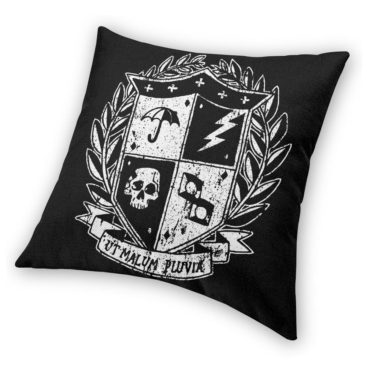 Unique Umbrella Academy pillowcase featuring a bold shield design with skull and lightning print.
