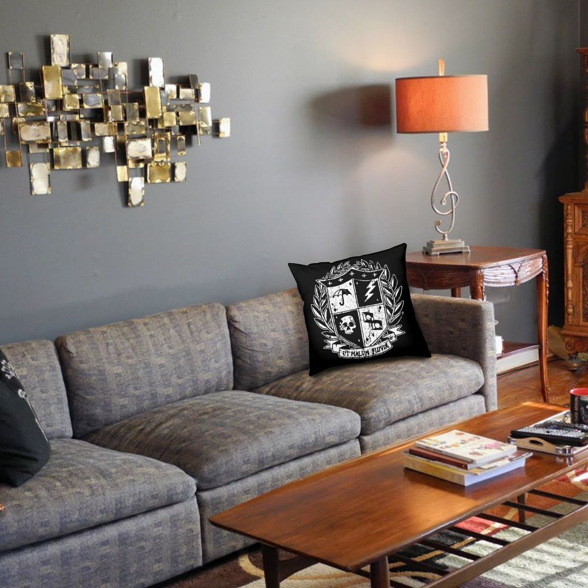 Decorative pillowcase with Umbrella Academy print on a cozy living room couch, adding flair to the space.
