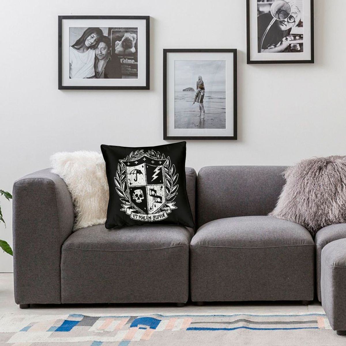 Stylish decorative pillowcase featuring Umbrella Academy print on a cozy couch in a modern living room.