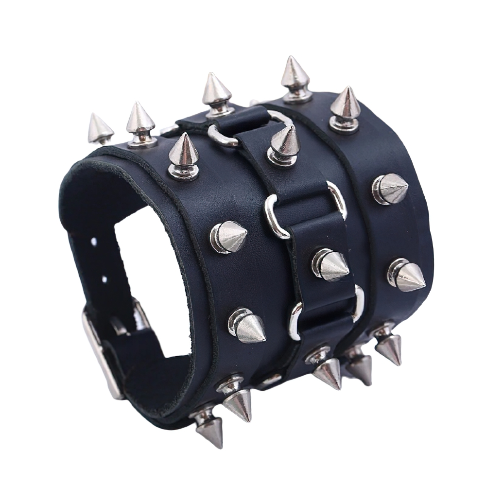 Wide gothic leather bracelet with silver spikes, perfect punk rock accessory for a stylish unisex look.