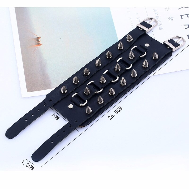 Unique Three Row Cuspidal Spikes Rivet Stud Wide Cuff / Gothic Leather Bracelet - HARD'N'HEAVY