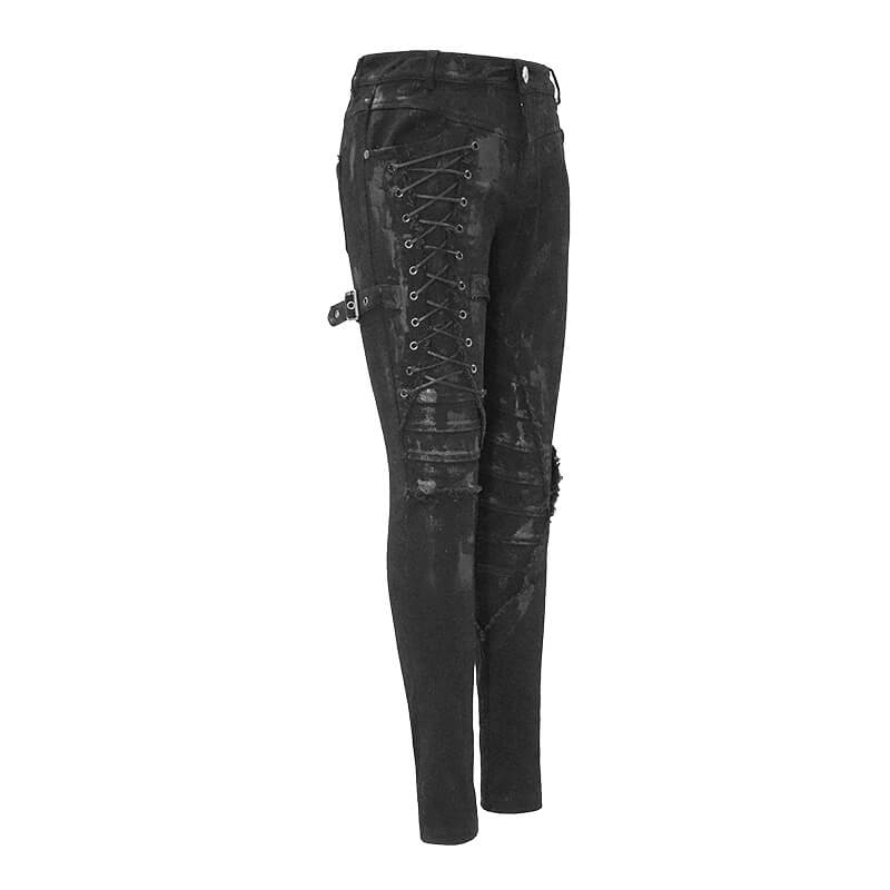 Unique women's steampunk skinny black denim jeans with lacing detail and distressed style for alternative fashion.