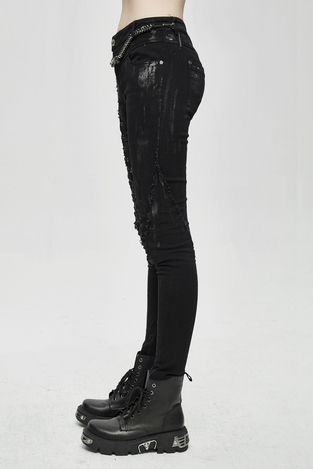 Unique Womens SteamPunk Mottled Jeans Streetwear / Skinny Black Denim Trousers - HARD'N'HEAVY