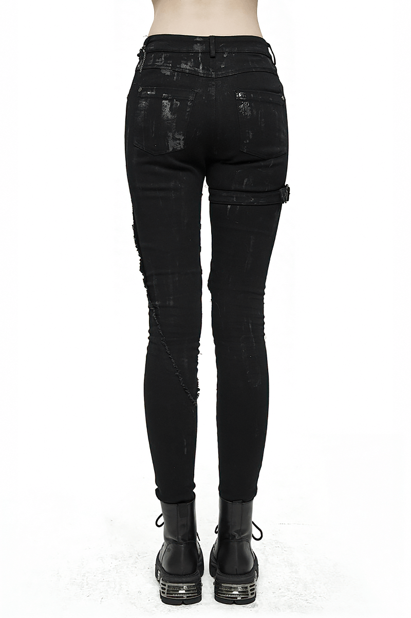 Back view of unique women's steampunk black skinny jeans, featuring lacing details and stylish streetwear vibe.