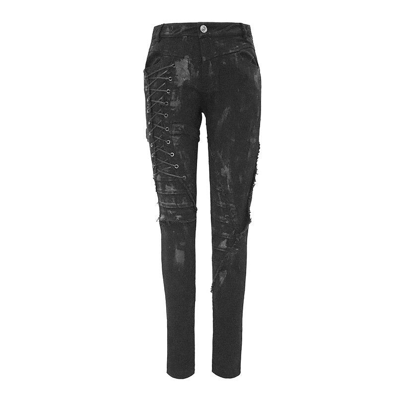 Unique women's steampunk mottled skinny black denim jeans with stylish side lacing.