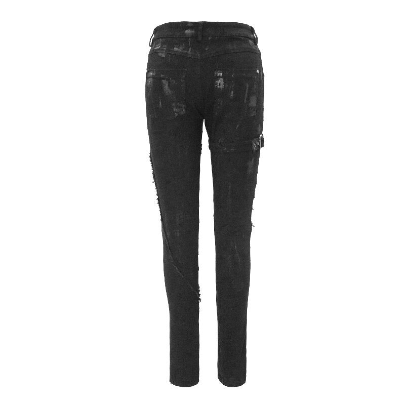Back view of Unique Womens SteamPunk Mottled Skinny Jeans, stylish black denim with lacing detail.