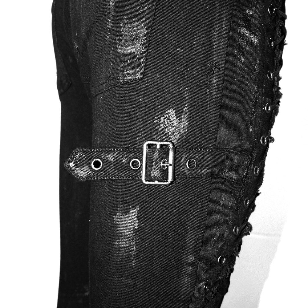 Close-up of unique steampunk women's black denim jeans with lacing and stylish belt detail.