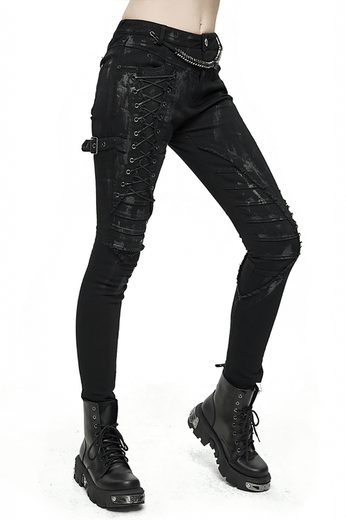 Unique Womens SteamPunk Chiné Jeans Streetwear / Skinny Black Denim Pantalon