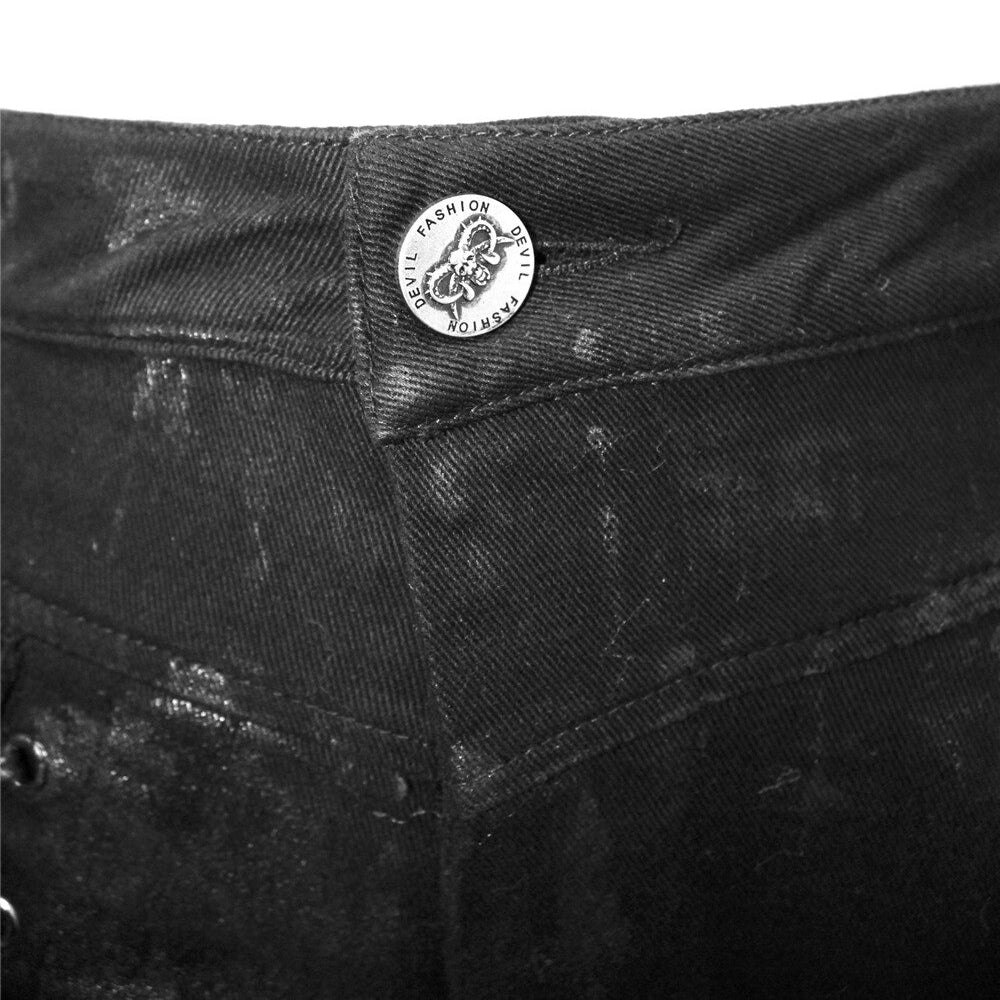 Close-up of the waistband of unique women's steampunk black denim jeans with lacing detail for alternative fashion.