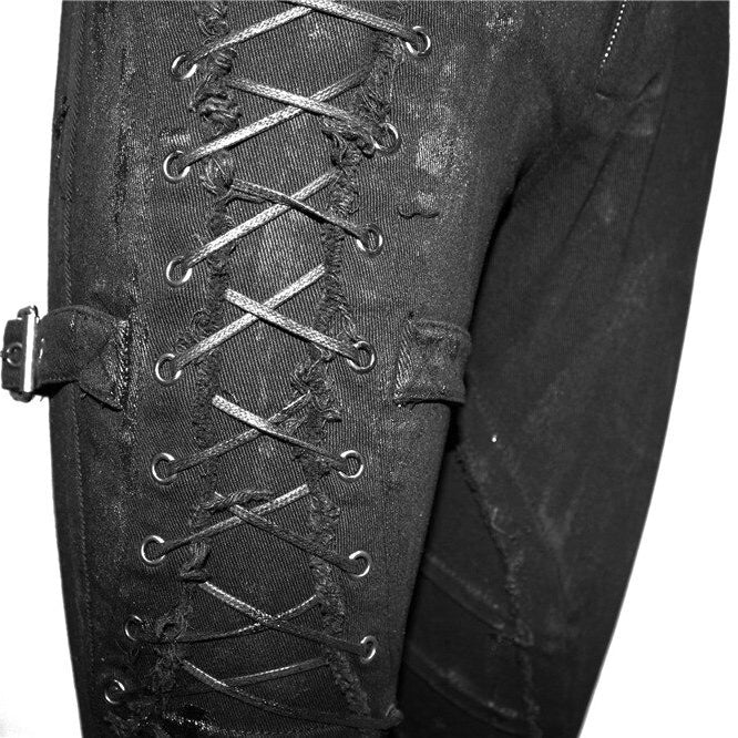 Close-up of unique black steampunk jeans showcasing lacing detail and edgy style for alternative fashion lovers.
