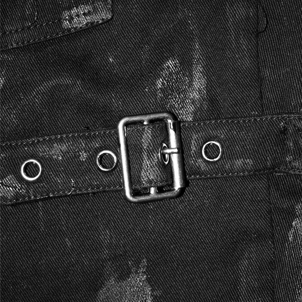 Close-up of unique steampunk black denim with metal buckle and eyelets, showcasing alternative fashion details.