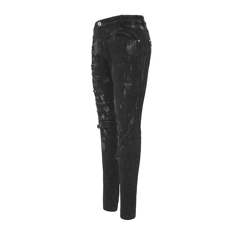 Unique women's steampunk black denim trousers with distressed detail, perfect for alternative streetwear style.