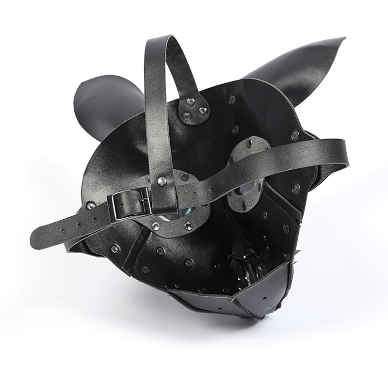 Inside view of an unisex adjustable bunny mask made of black PU leather for Halloween costume accessories.