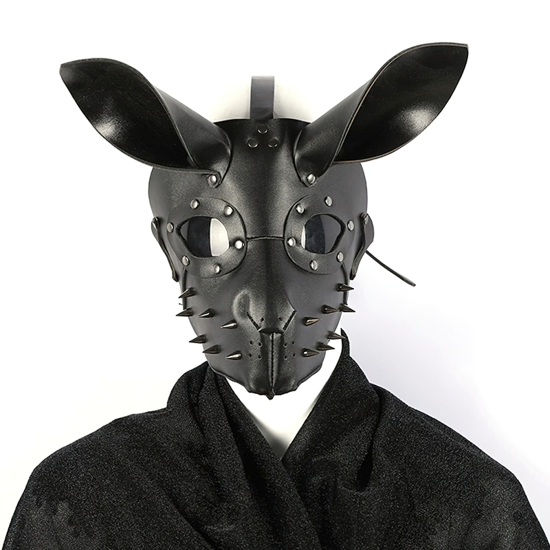 Unisex adjustable bunny mask for Halloween in black PU leather with studs, perfect for costume parties.