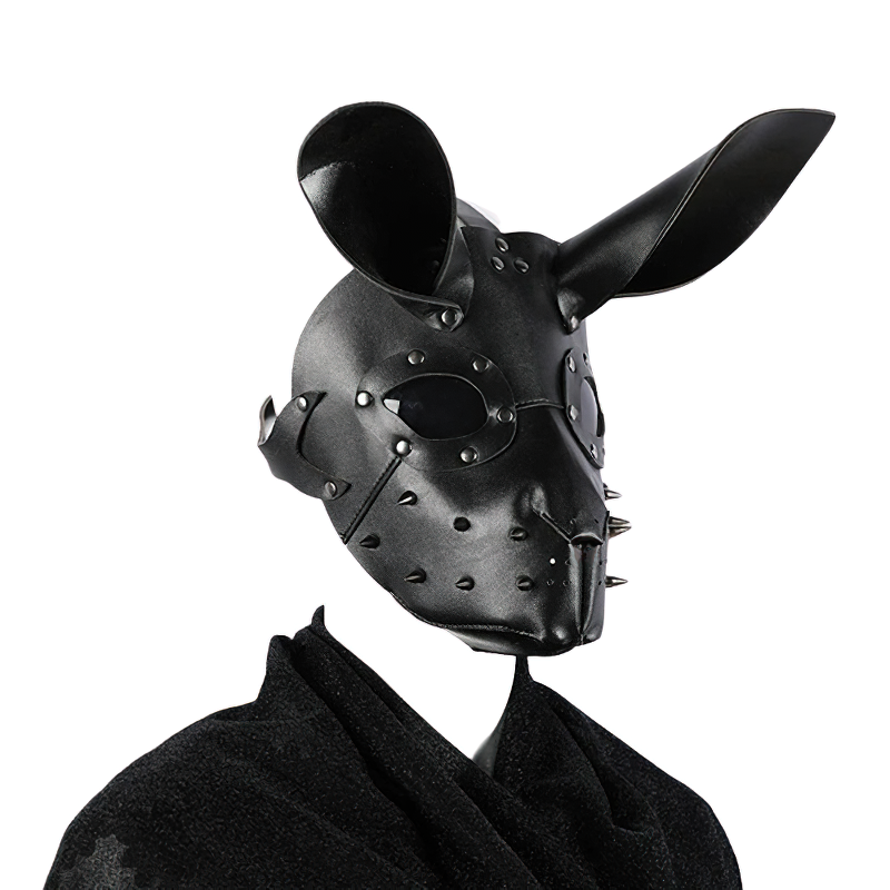 Unisex adjustable bunny mask in PU leather with studs, perfect Halloween costume accessory.