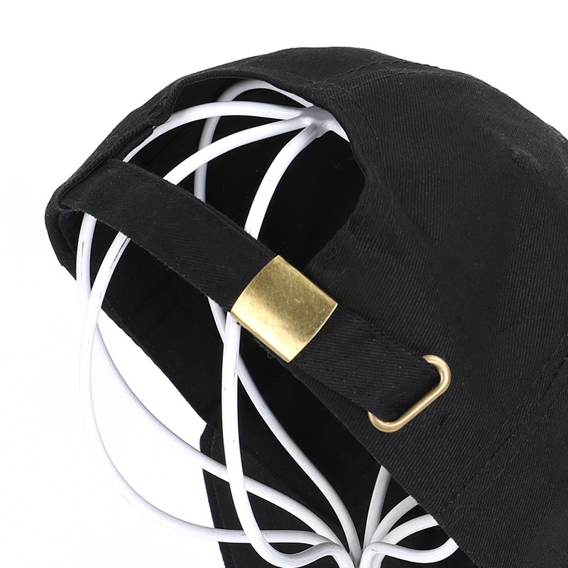 Close-up of adjustable strap on a unisex baseball cap, showcasing its stylish design and functionality.