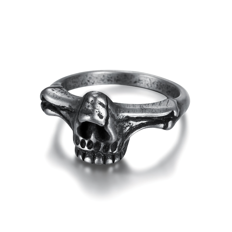Unisex black skull ring made of stainless steel, featuring a unique skeleton design for alternative fashion lovers.
