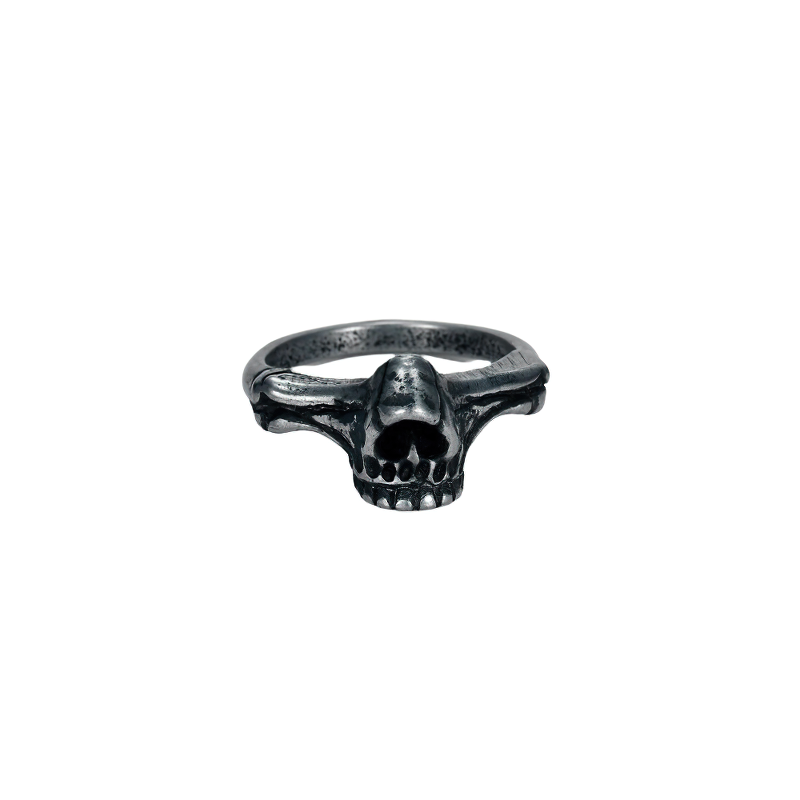 Unisex black skull ring in stainless steel, perfect alternative fashion accessory for bold styles.