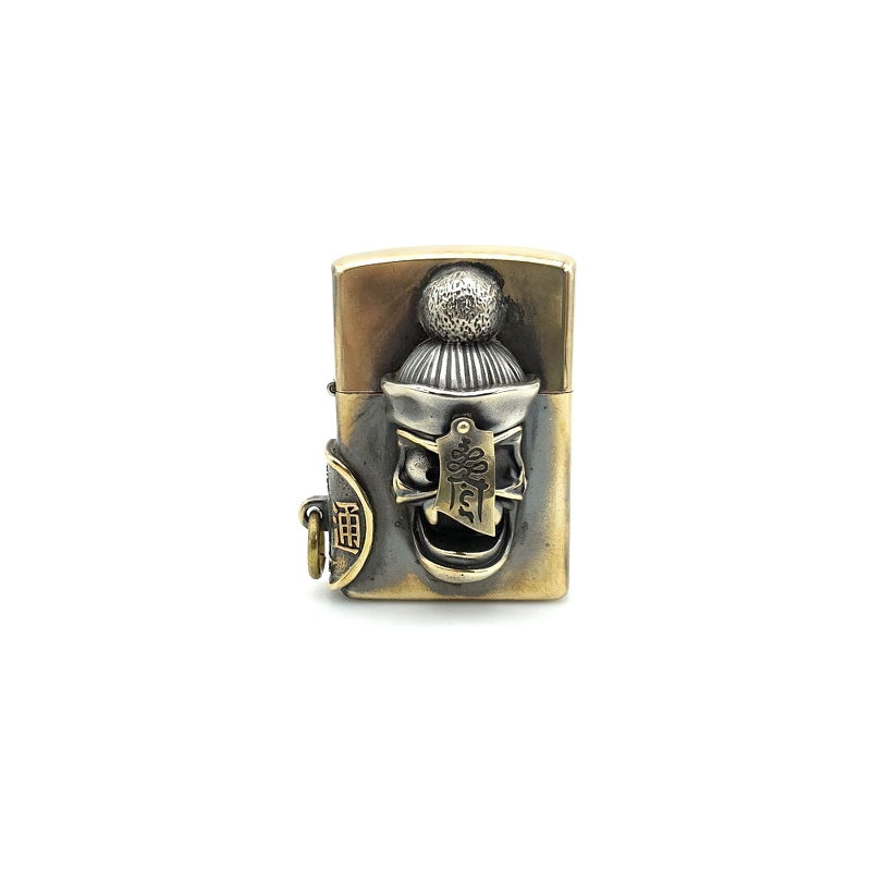 Unisex skull cap lighter case in rock style; stylish brass accessory for collectors or daily use.