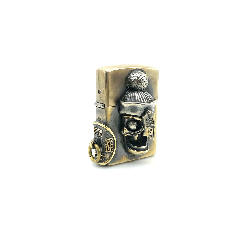 Unisex brass lighter case with skull design and rock style accents for a unique touch to your collection.