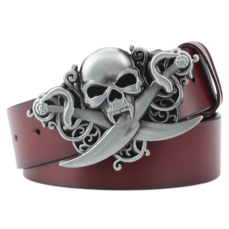 Unisex genuine leather belt featuring a dramatic skull and crossed swords metal buckle, perfect for rock style outfits.