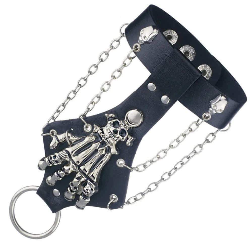 Gothic skeleton hand glove with chain link design, black leather wristband for unique fashion style.