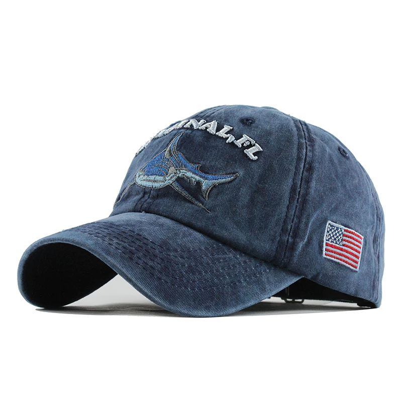 Unisex cotton baseball cap with shark pattern embroidery and flag, perfect for casual outings and sun protection.