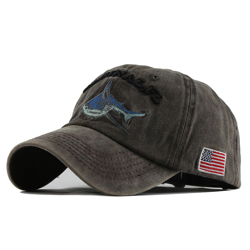 Unisex shark pattern baseball cap with embroidery and American flag patch, casual stylish sun hat for trendy looks.