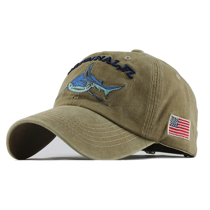 Unisex cotton baseball cap with shark pattern embroidery and flag detail, stylish casual sun hat accessory.