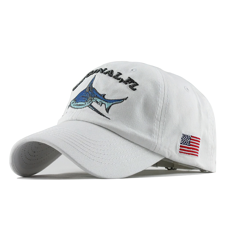 Unisex white baseball cap featuring a shark pattern and embroidered details, stylish sun hat for casual wear.