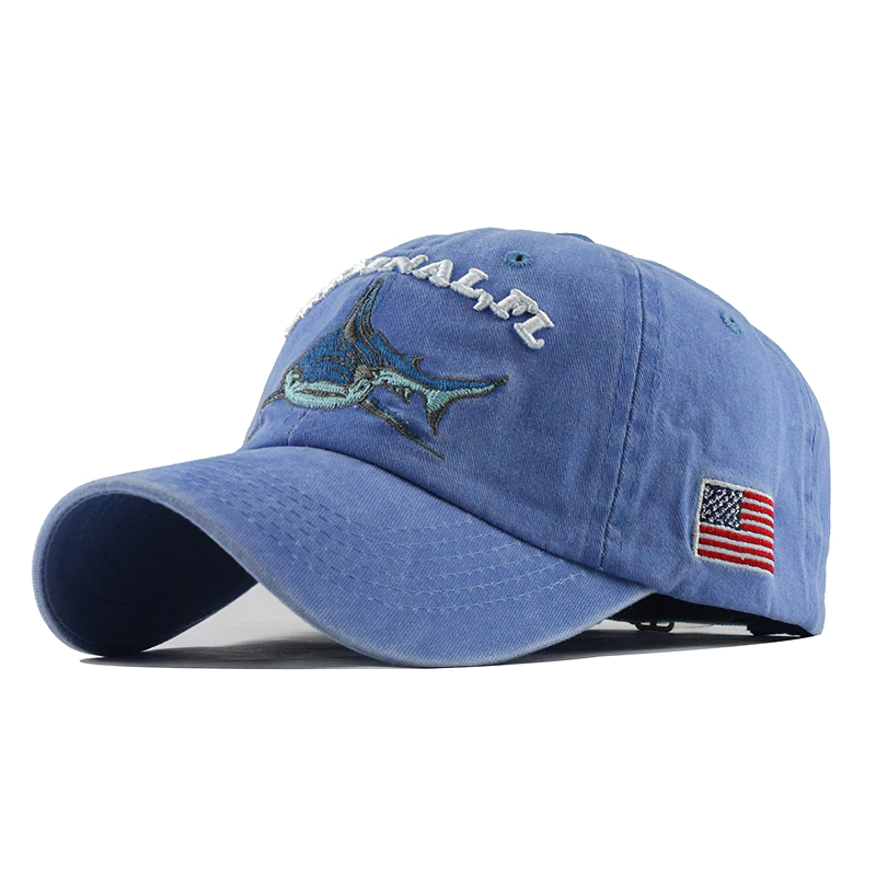 Unisex blue cotton baseball cap with shark embroidery and American flag detail, perfect for casual wear.