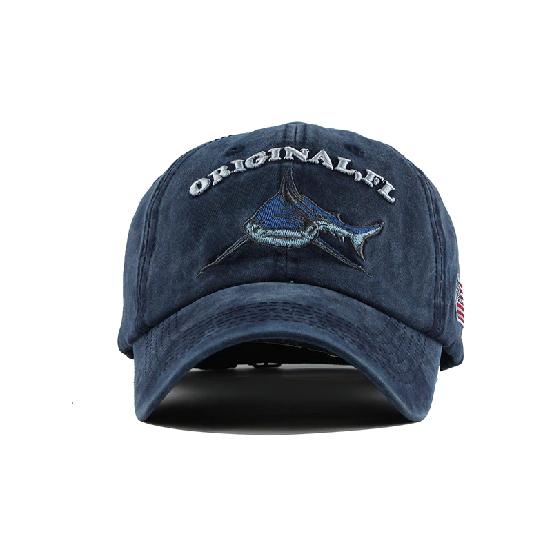 Unisex shark pattern baseball cap in navy with stylish embroidery, perfect casual sun hat accessory.