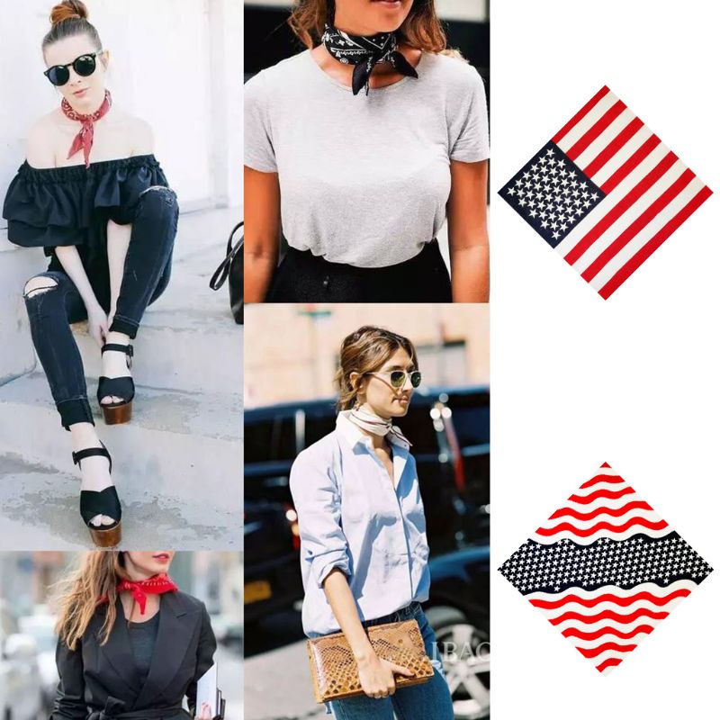 Stylish unisex bandanas featuring American flag designs, perfect for casual outfits and patriotic celebrations.