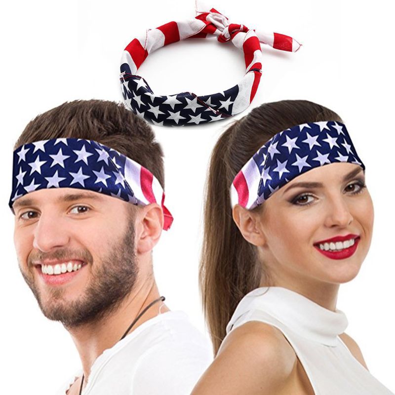 Unisex cotton sport bandana featuring American flag print, perfect for patriotic celebrations and sports events.