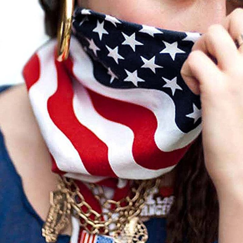 Unisex cotton bandana featuring American flag design, perfect for patriotic celebrations and team support.