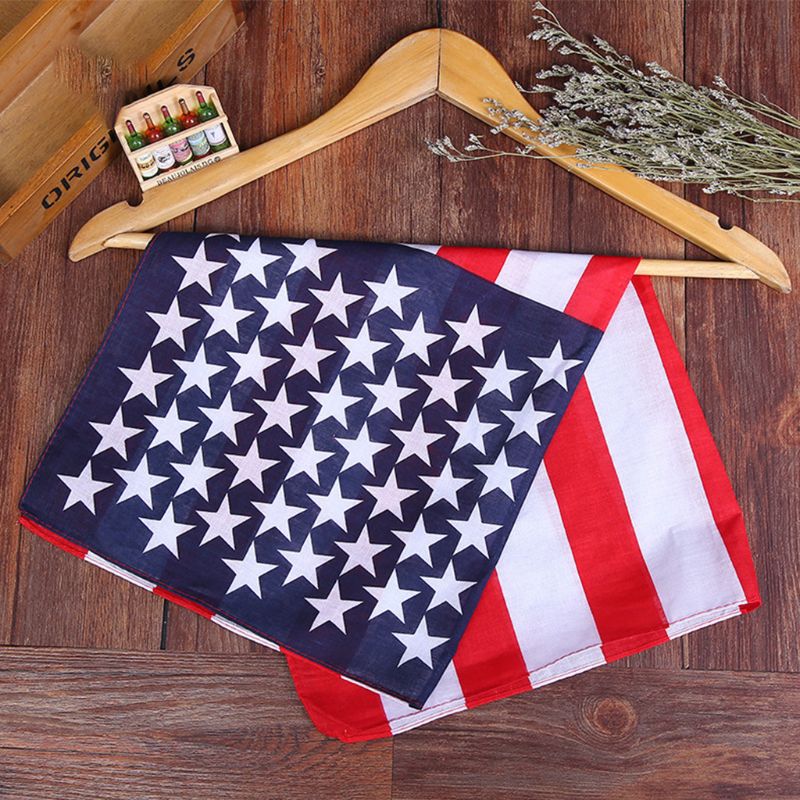 Unisex American flag printed bandana, perfect for holidays and sports events, on a wooden hanger.