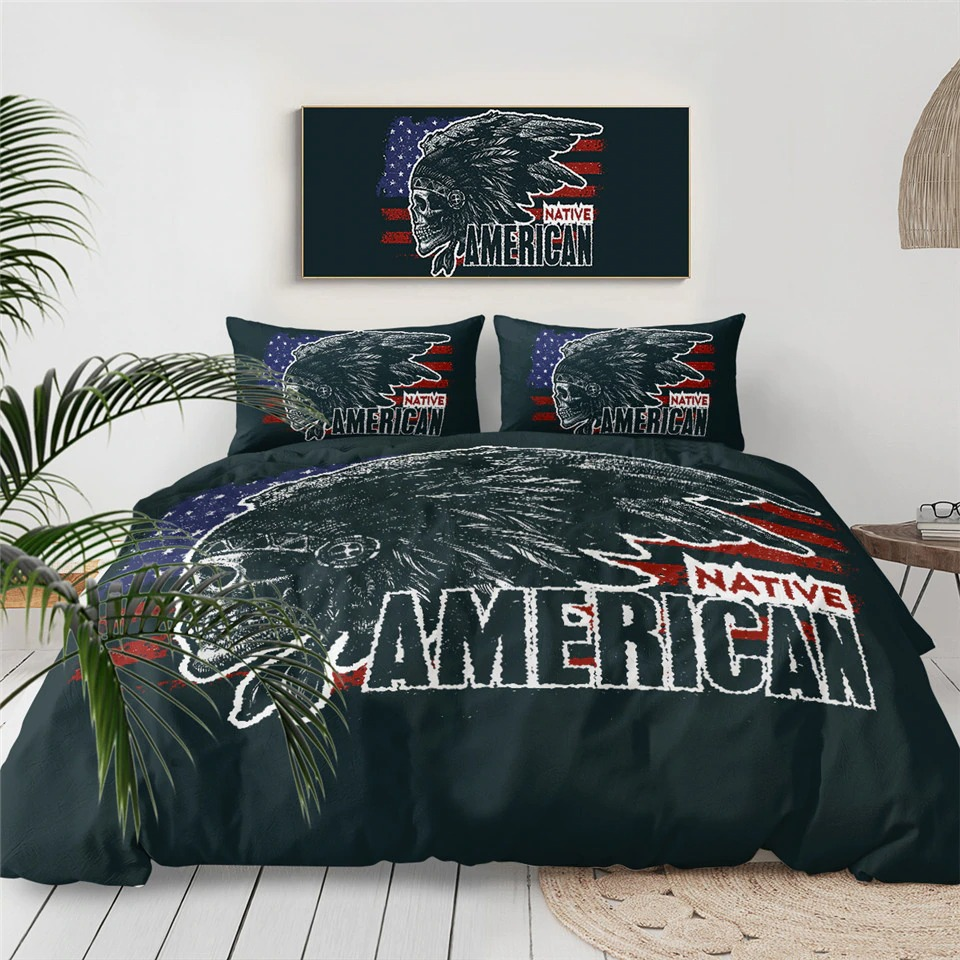 Unisex dark green bedding set featuring 3D print of Native American design, perfect for gothic decor.