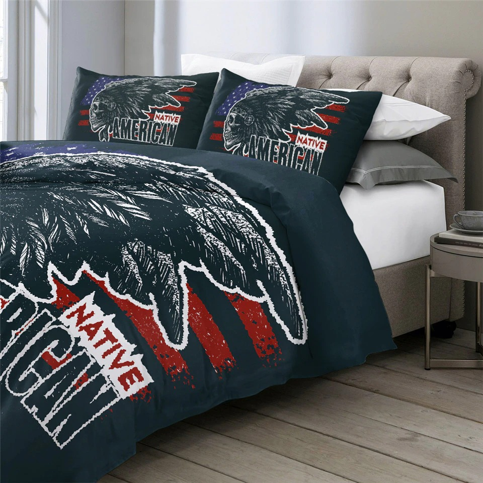 Dark green unisex bedding set with 3D print of Native American design, featuring eagle feathers and bold graphics.