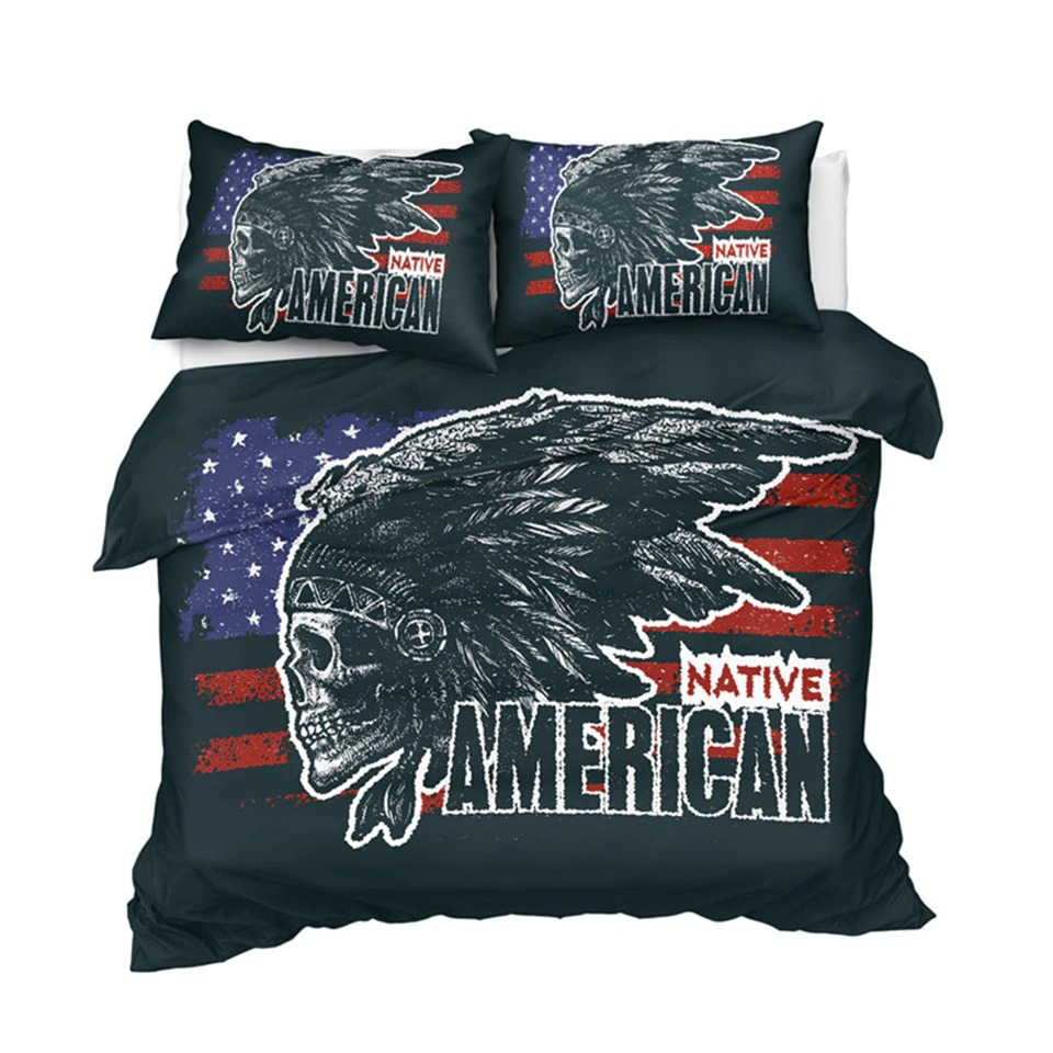 Unisex dark green bedding set with 3D American Native print and matching pillow covers.