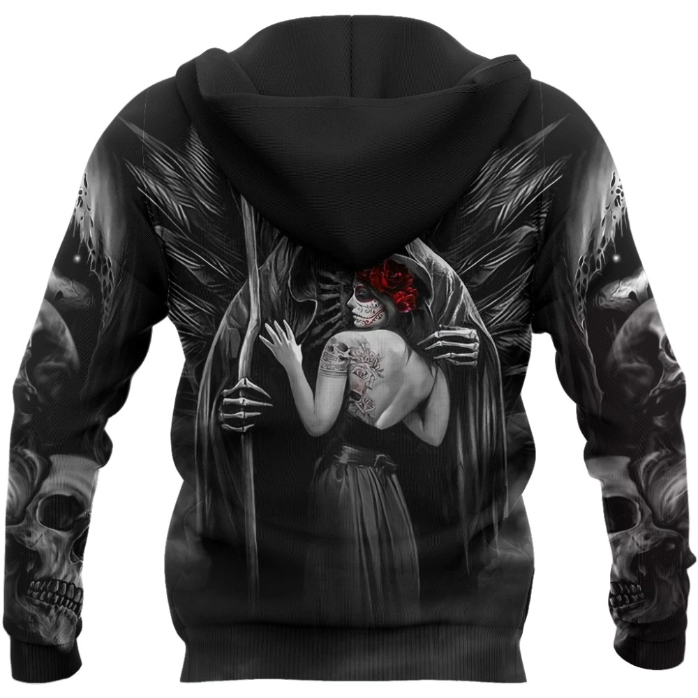 Gothic unisex hoodie featuring a striking 3D skull and reaper design with a woman in a dark aesthetic.