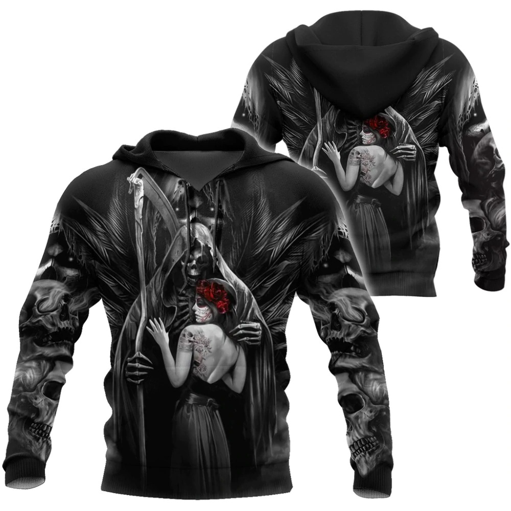 Unisex gothic 3D printed hoodie featuring a striking skull and grim reaper design, perfect for fashion-forward wardrobes.