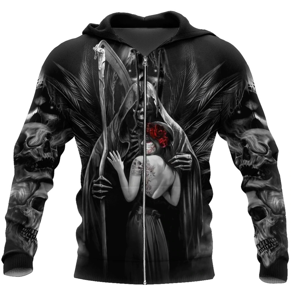 Gothic unisex hoodie featuring a striking 3D print of a grim reaper and a lady with a red flower, perfect for trendy wardrobes.