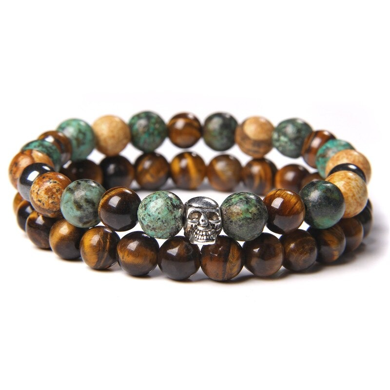 Unisex natural stone bangle with skull insert, vibrant bead colors for trendy casual style in men and women.