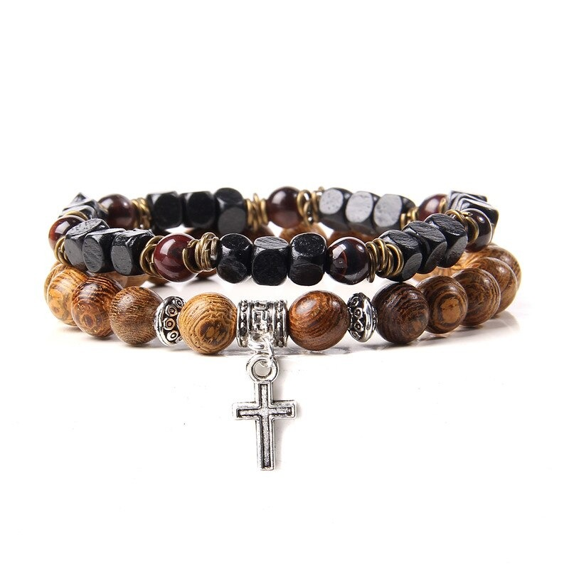 Unisex natural stone bangle bracelet with cross charm, trendy accessory for men and women, casual style.