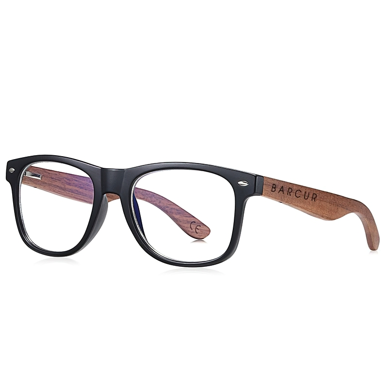 Stylish unisex eyewear featuring black front and wooden arms, perfect for casual looks and enhanced comfort.