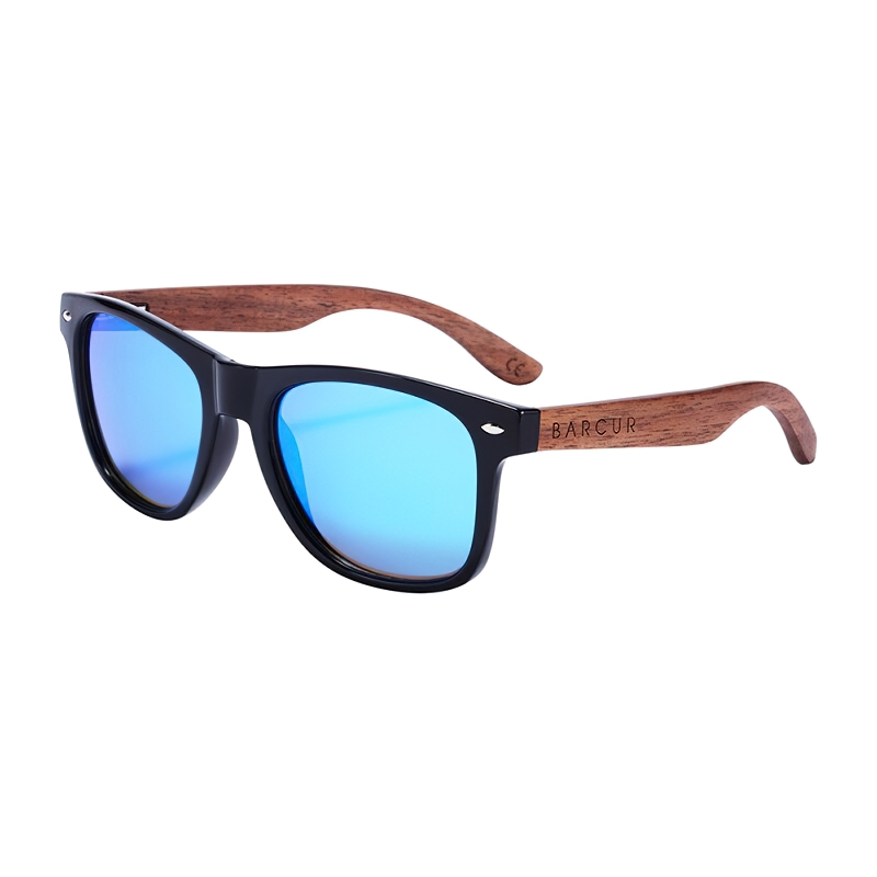 Stylish unisex anti-reflective sunglasses with wooden frame and blue lenses for a casual look.
