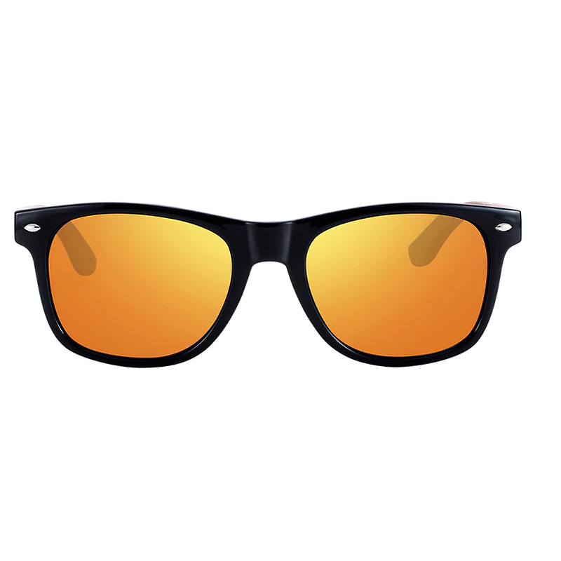 Stylish unisex sunglasses with black frame and orange lenses, perfect for casual wear and sun protection.